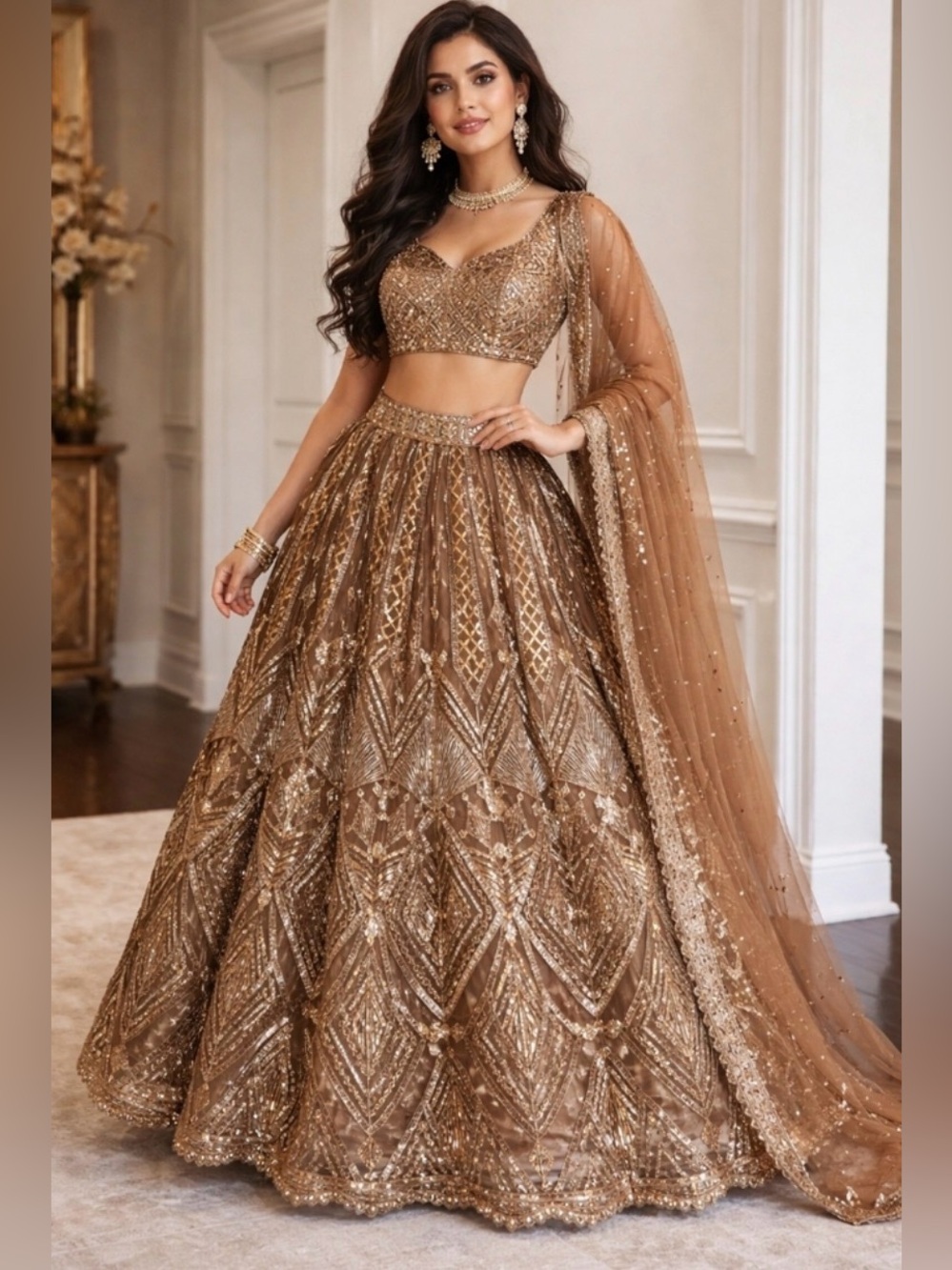 Elegant Gold Embellished Lehenga - Women Lehengas